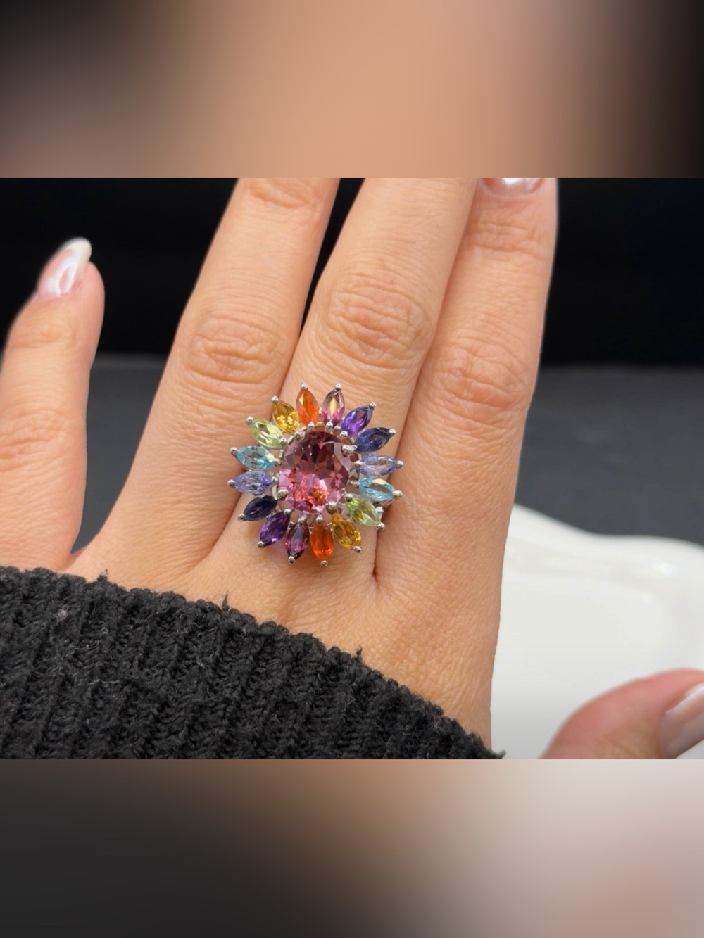 Pink topaz and multi gemstone sterling silver ring size 7